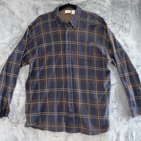 L.L. Bean Men Brown Navy Sz L Long Sleeve Button Up 100%‎ Cotton Stretch Vintage - Picture 1 of 8